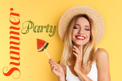 Image of Summer party. Pretty young woman with juicy watermelon on yellow background