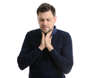 Photo of Man suffering from cough isolated on white