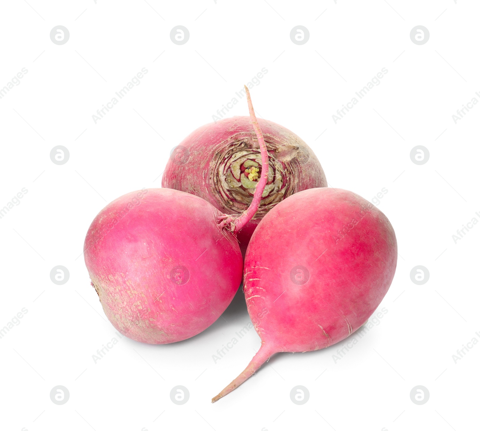 Photo of Whole fresh ripe red turnips on white background
