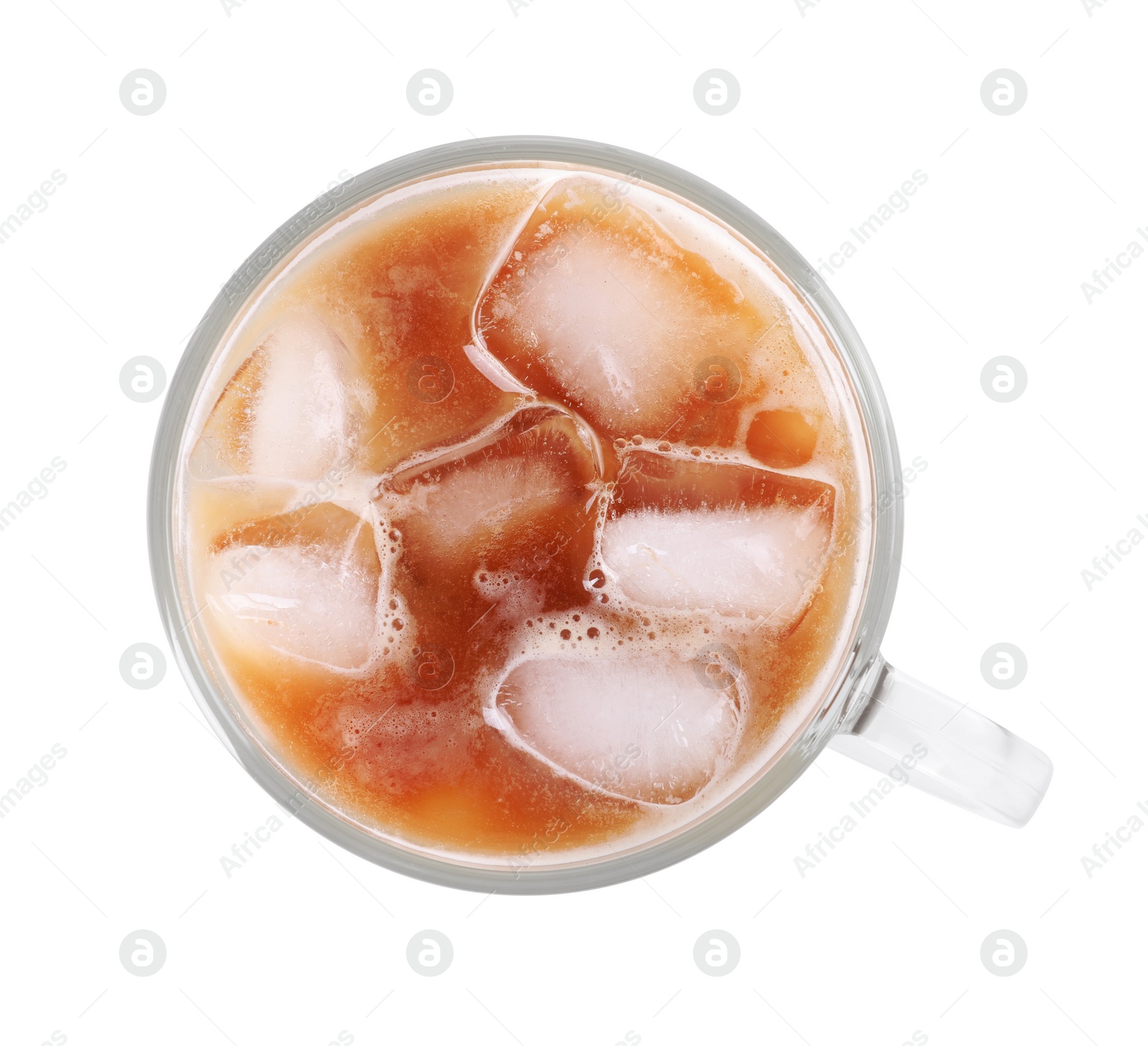 Photo of Cup of fresh iced coffee isolated on white, top view