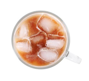 Cup of fresh iced coffee isolated on white, top view