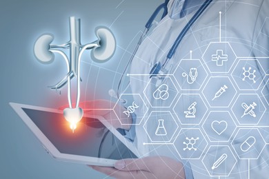 Image of Doctor holding modern tablet, virtual image of urinary system and different icons on light background, closeup