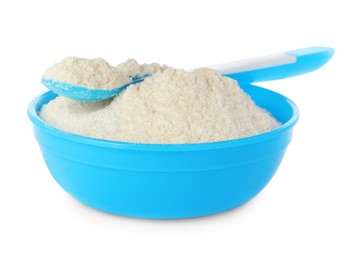 Photo of Dry healthy baby food in bowl on white background