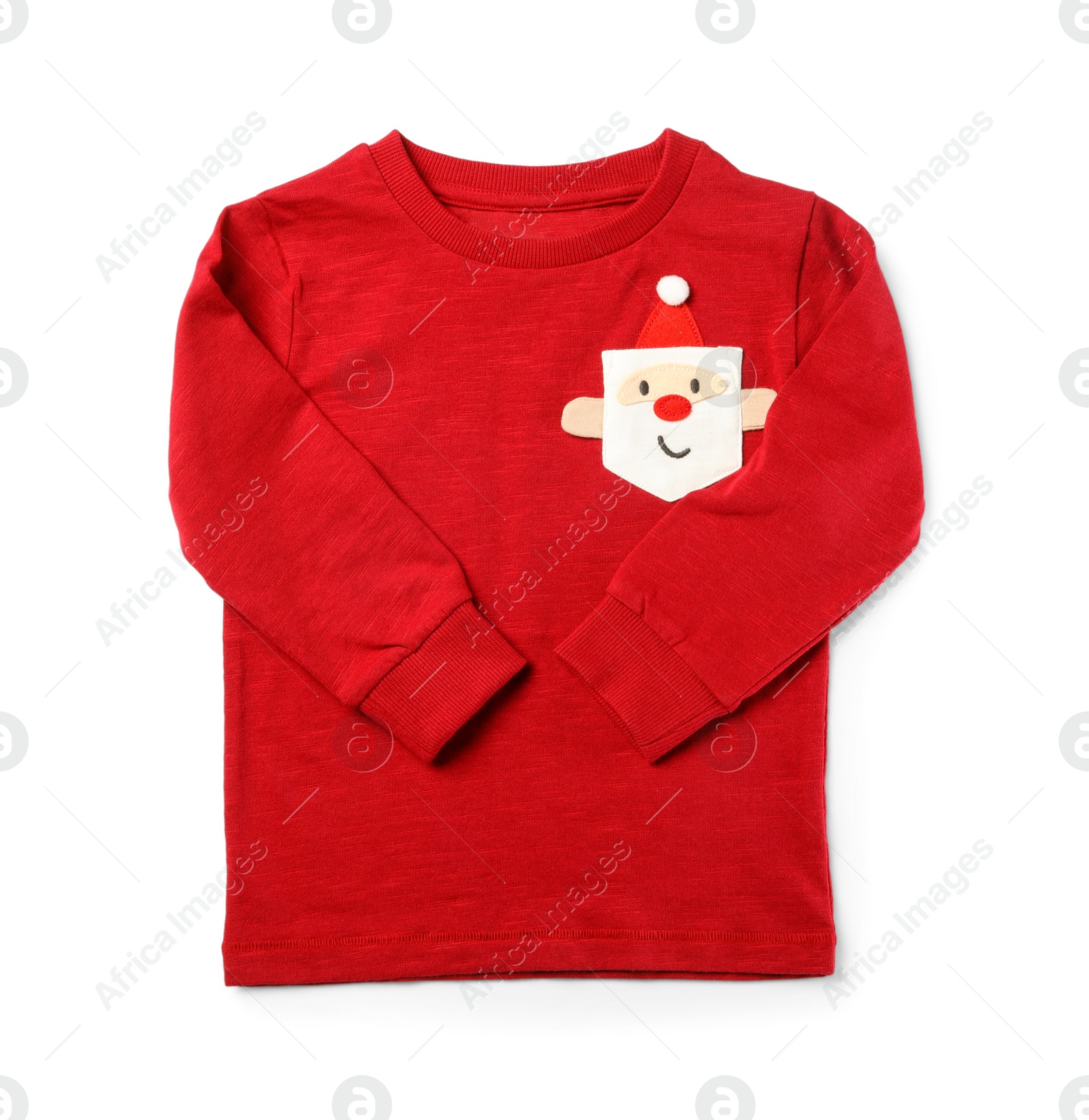 Photo of Red jumper with Santa Claus face isolated on white, top view. Christmas baby clothes