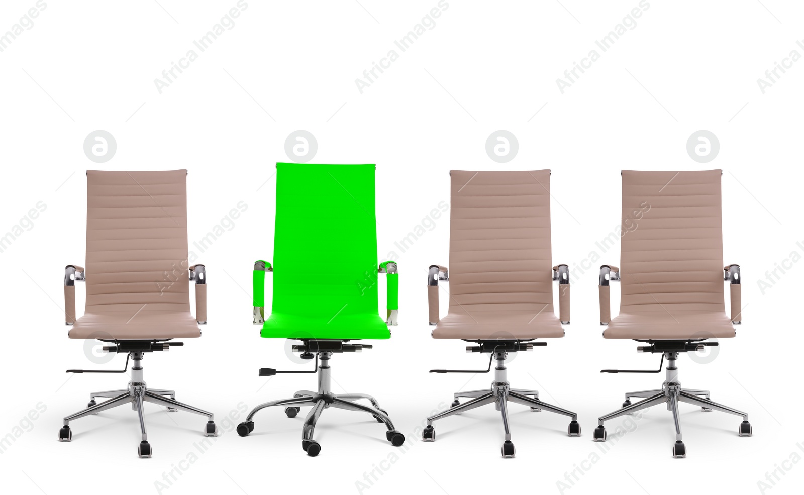 Image of Vacant position. Red office chair among beige ones on white background