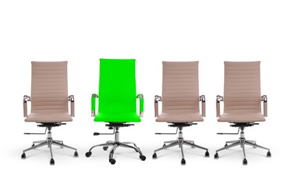 Image of Vacant position. Red office chair among beige ones on white background