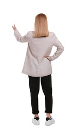 Photo of Businesswoman posing on white background, back view