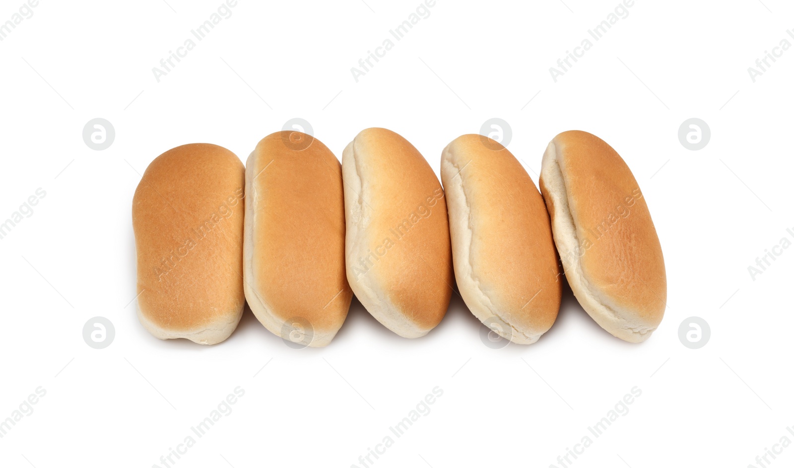 Photo of Tasty fresh buns for hot dogs on white background