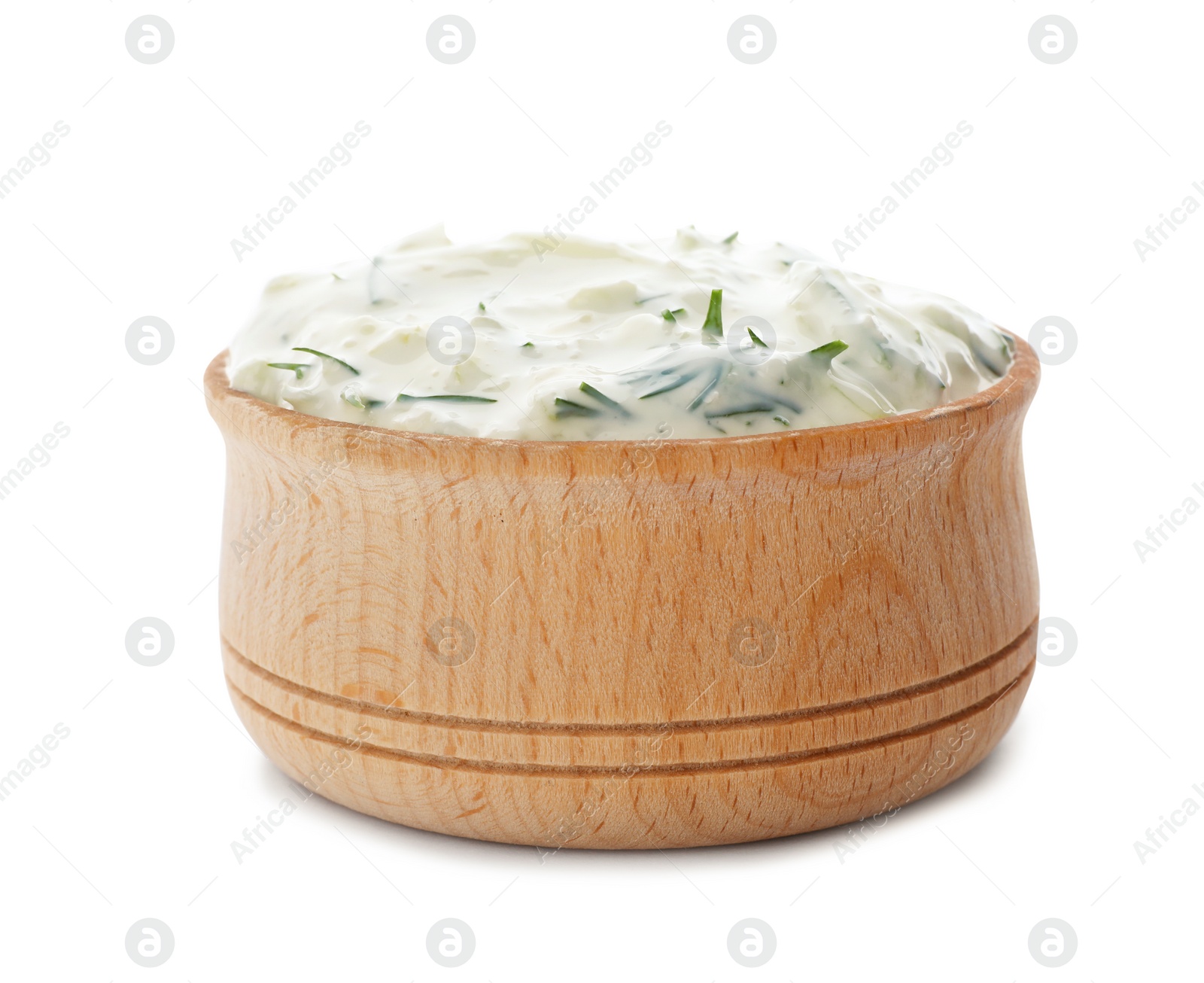 Photo of Bowl with cucumber sauce on white background