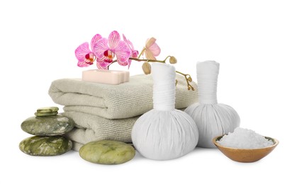 Photo of Beautiful spa composition with different care products and flowers on white background