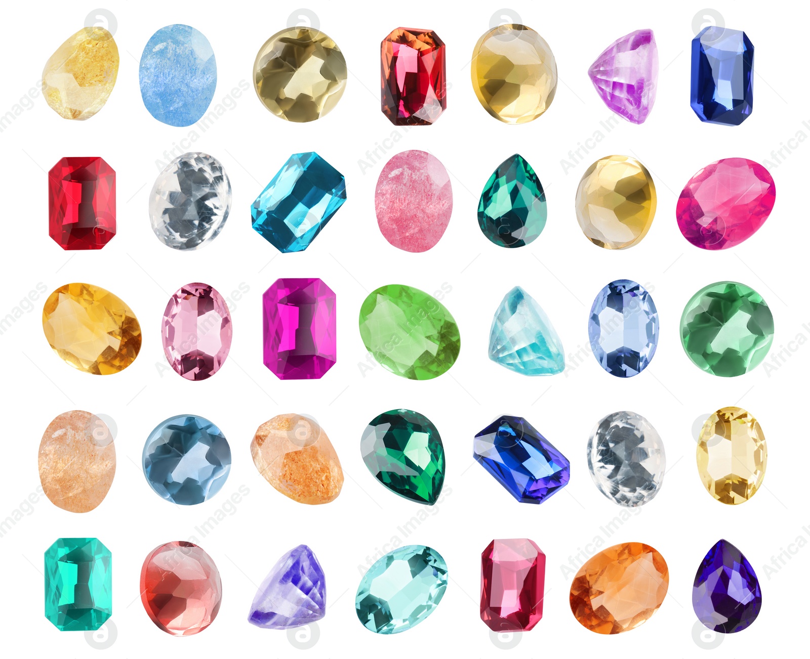 Image of Set of different shiny gemstones for jeweler isolated on white