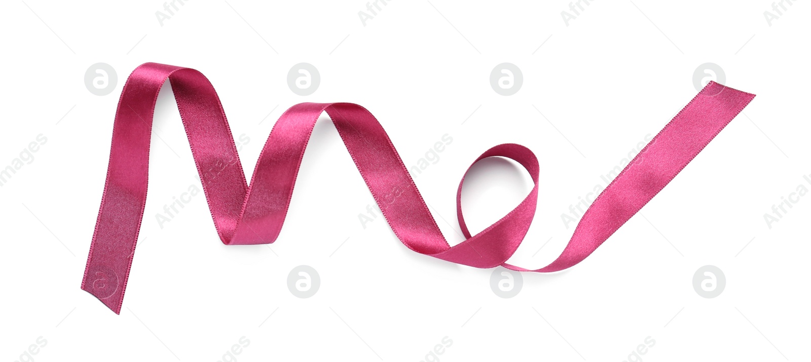 Photo of Beautiful dark pink ribbon isolated on white, top view