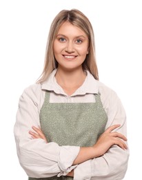 Photo of Beautiful young woman in clean apron on white background