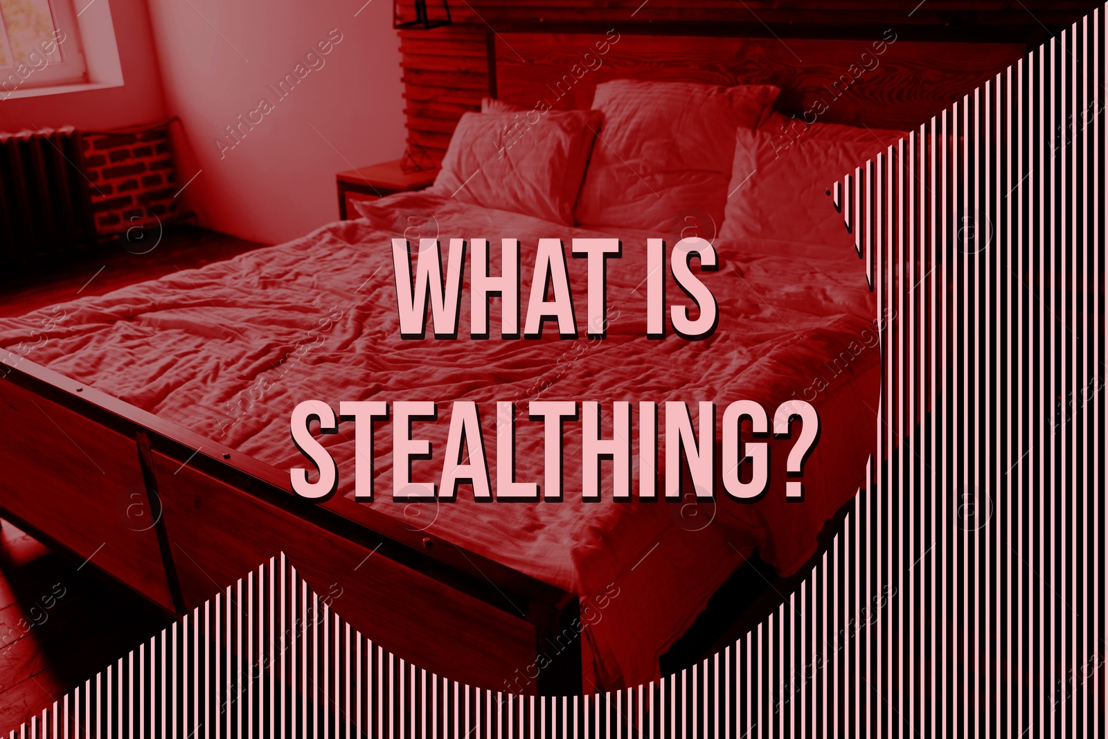 Image of Phrase What Is Stealthing and bed with crumpled after sex linen on background, toned in red