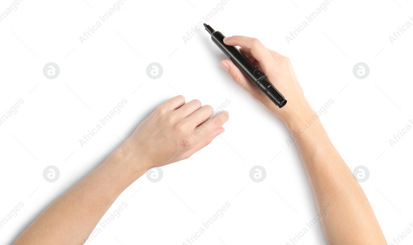 Photo of Woman holding marker on white background, top view