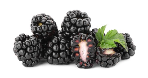 Photo of Tasty ripe blackberries and leaf on white background