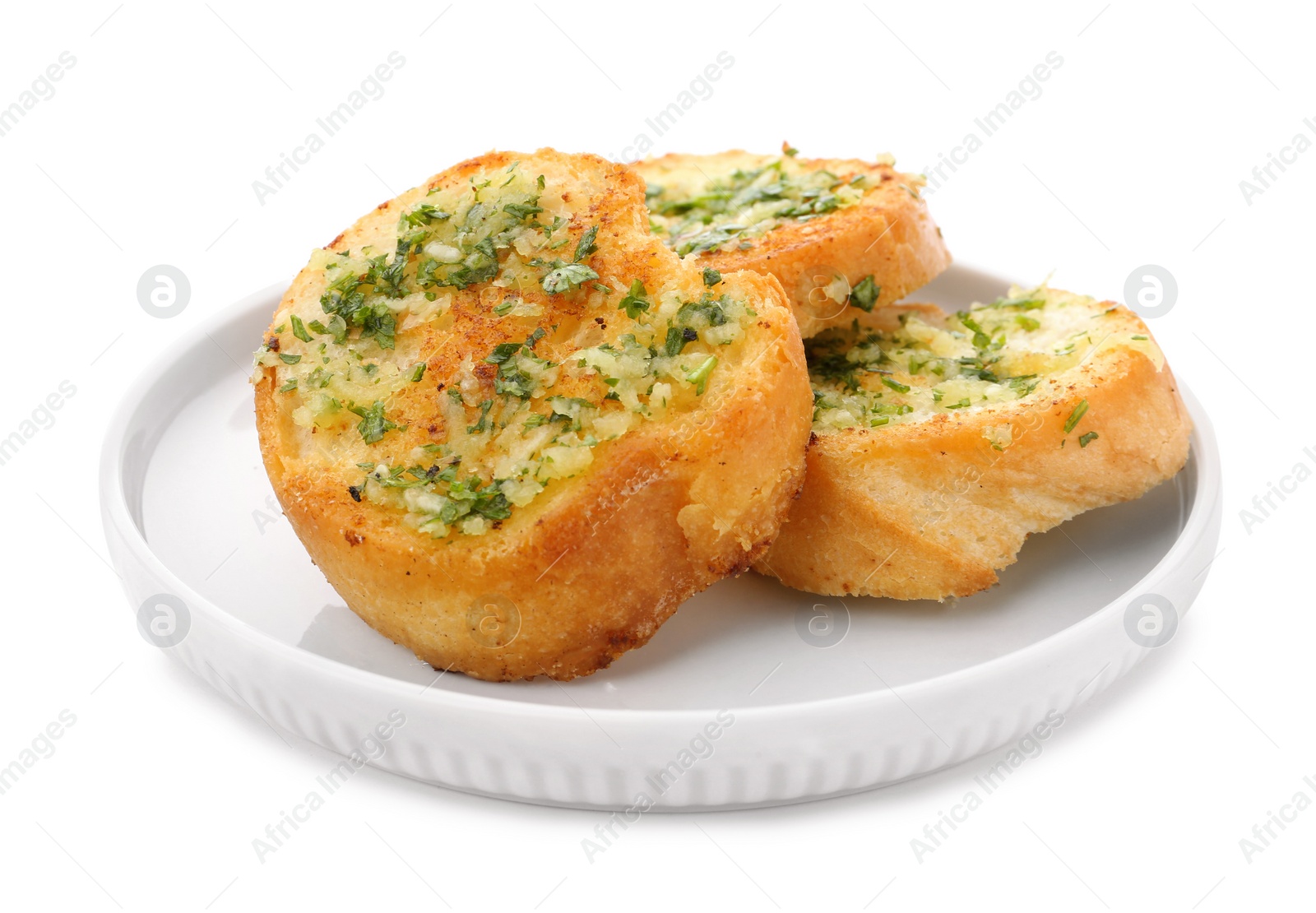 Photo of Slices of toasted bread with garlic and herbs on white background