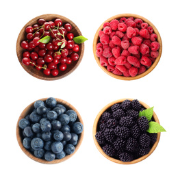 Image of Set of bowls with different fresh berries on white background, top view
