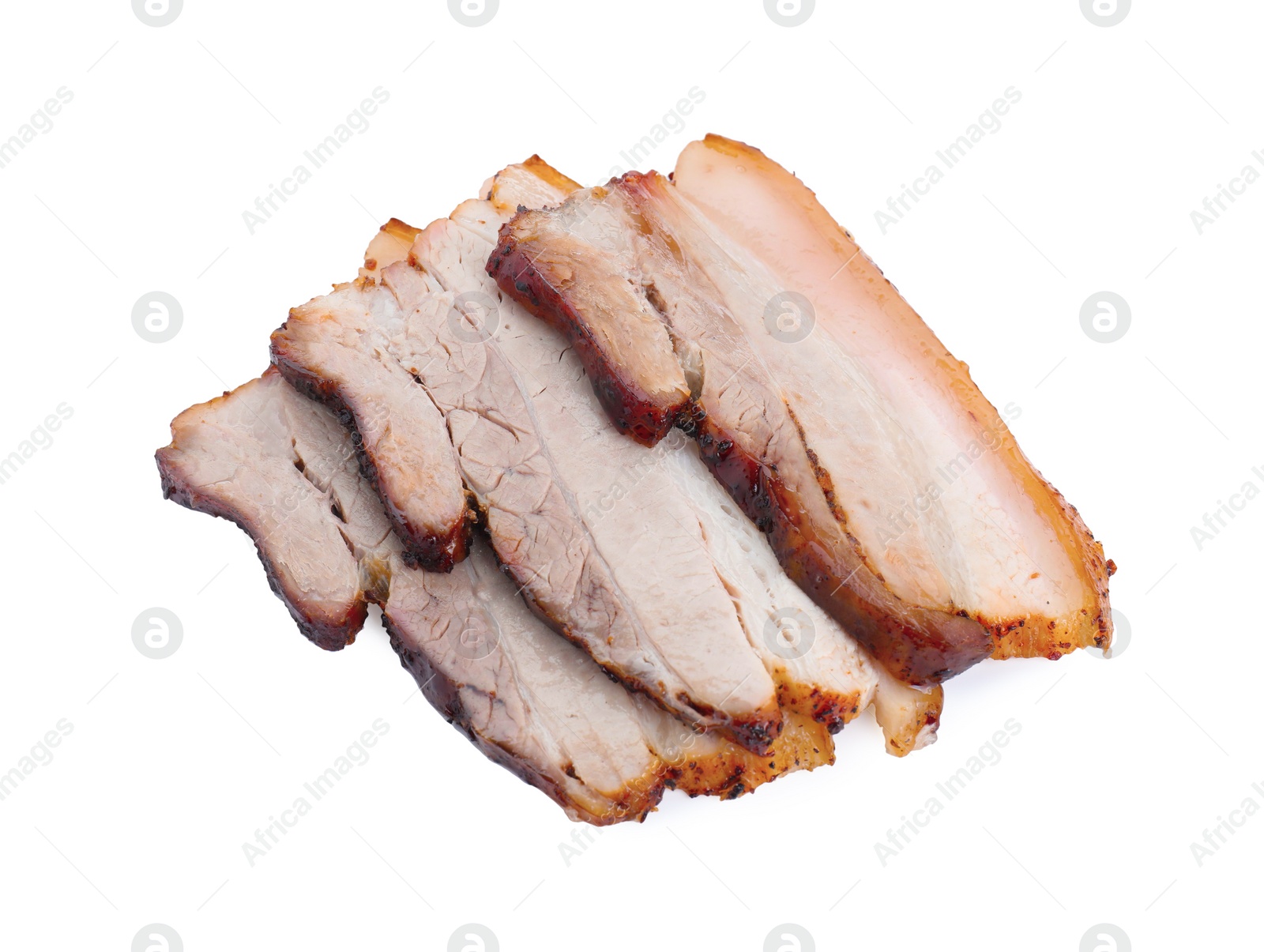 Photo of Slices of tasty baked pork belly isolated on white