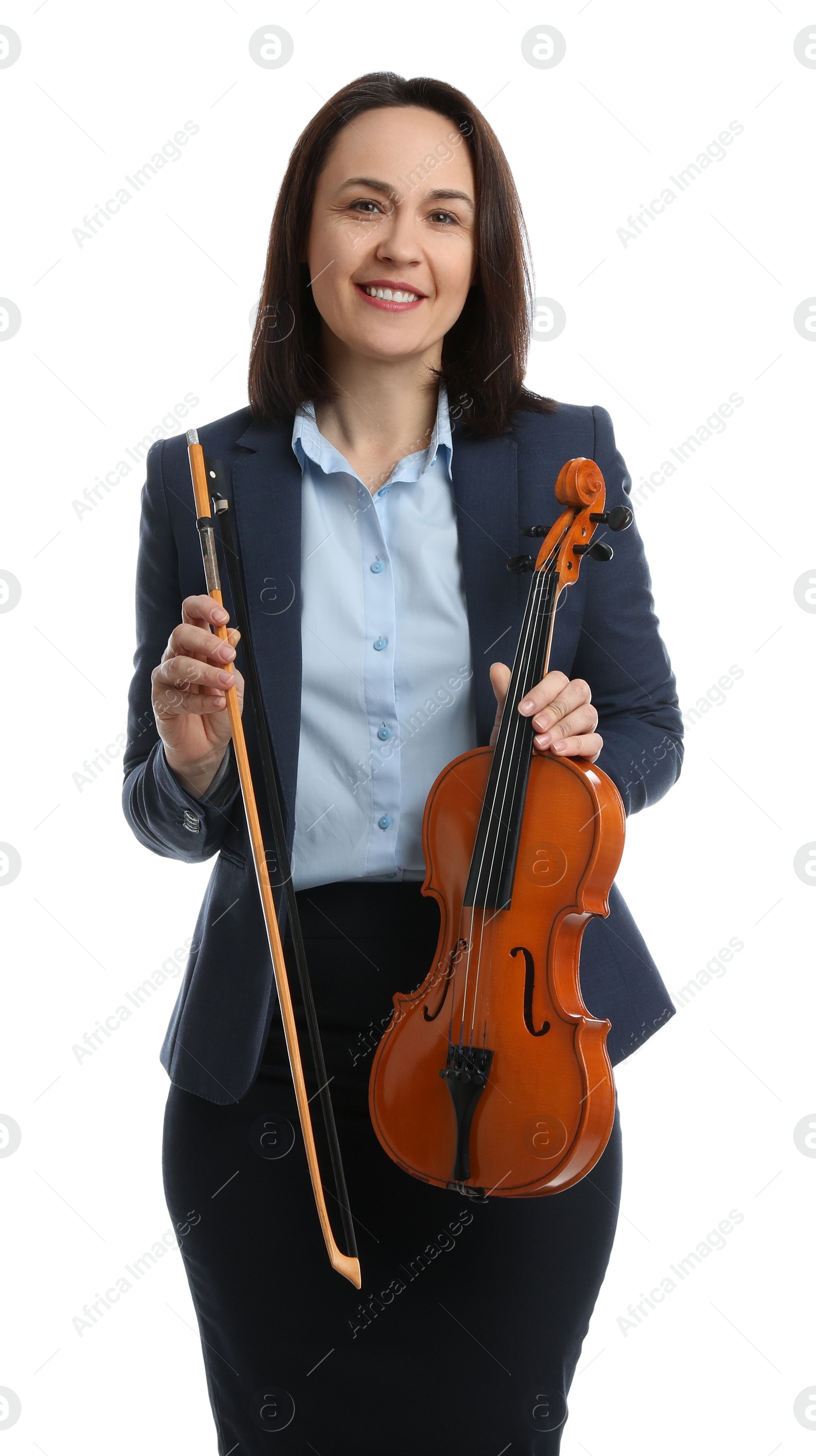 Photo of Music teacher with violin and bow on white background