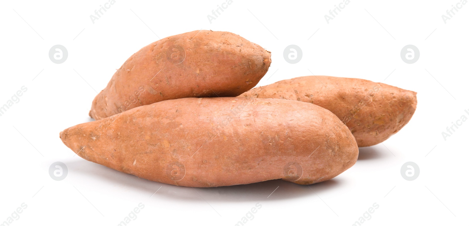 Photo of Whole ripe sweet potatoes on white background