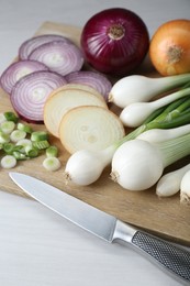 Photo of Board with different kinds of onions on white wooden table, closeup