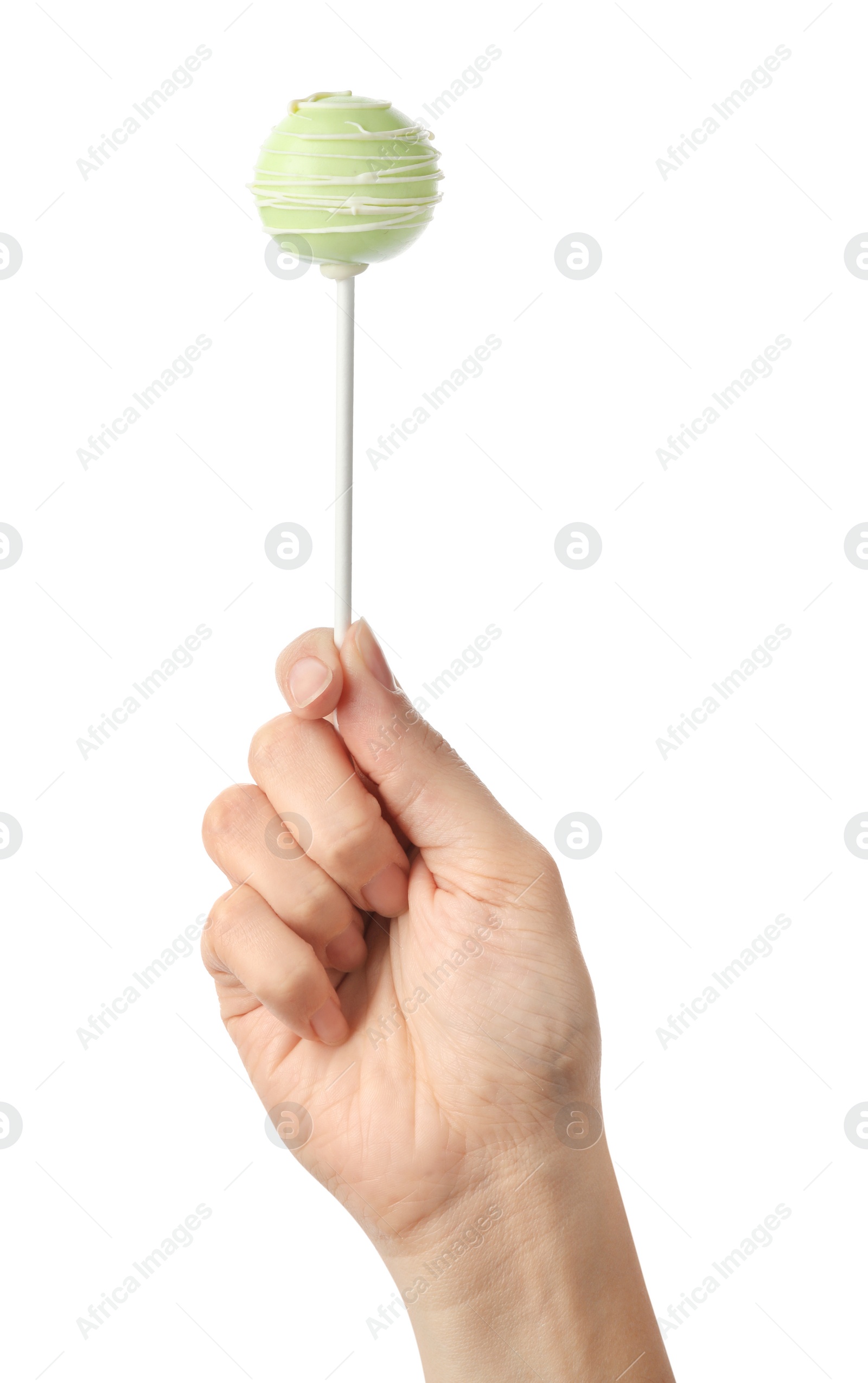 Photo of Woman holding sweet cake pop on white background, closeup