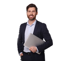 Portrait of smiling man with laptop on white background. Lawyer, businessman, accountant or manager