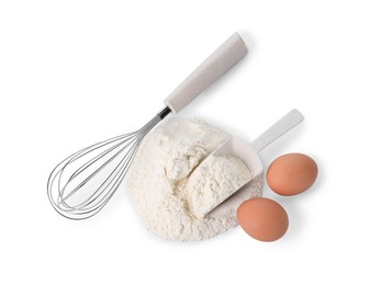 Photo of Whisk, raw eggs, flour and scoop isolated on white, top view
