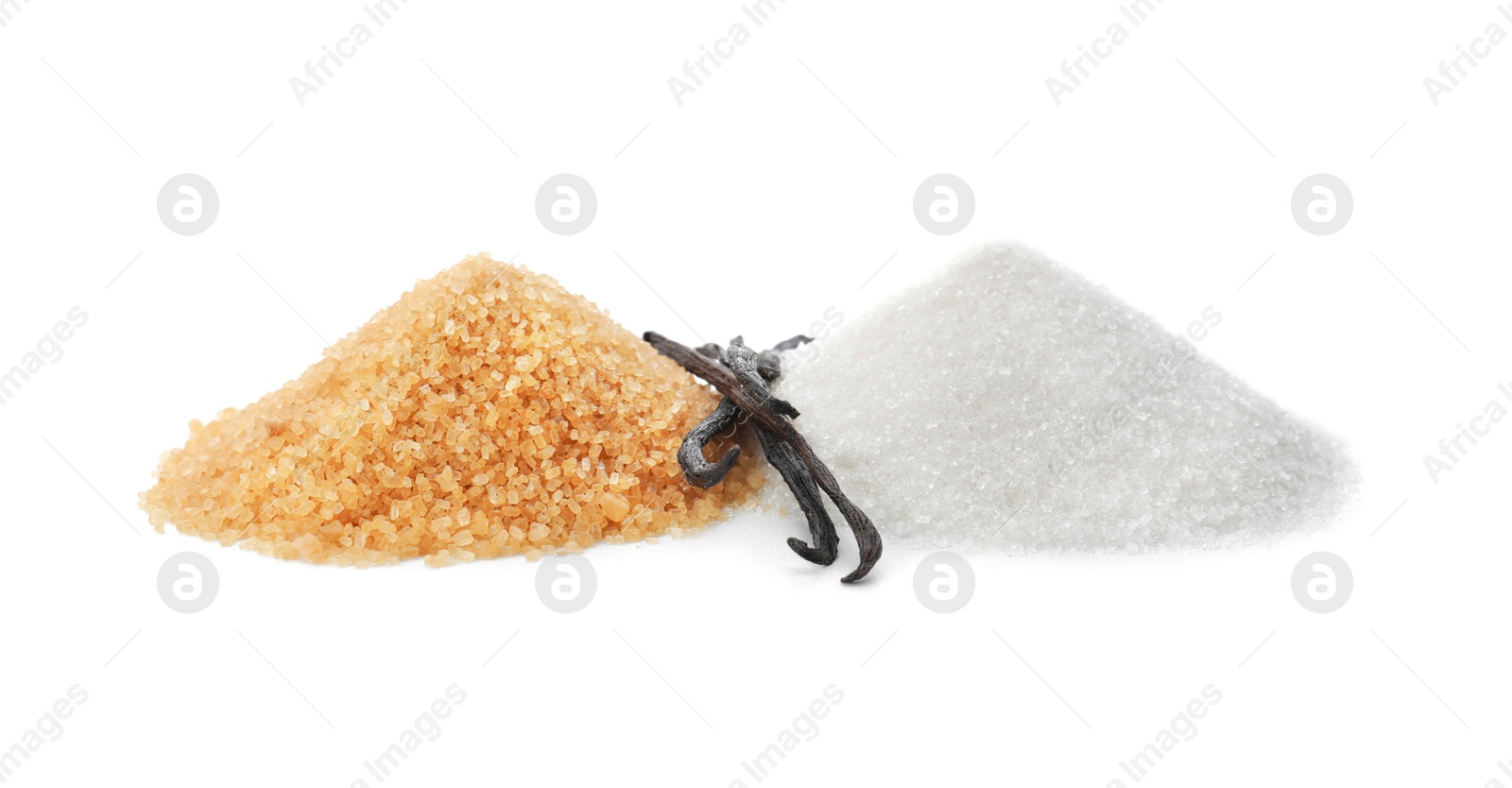 Photo of Vanilla sugar and sticks on white background