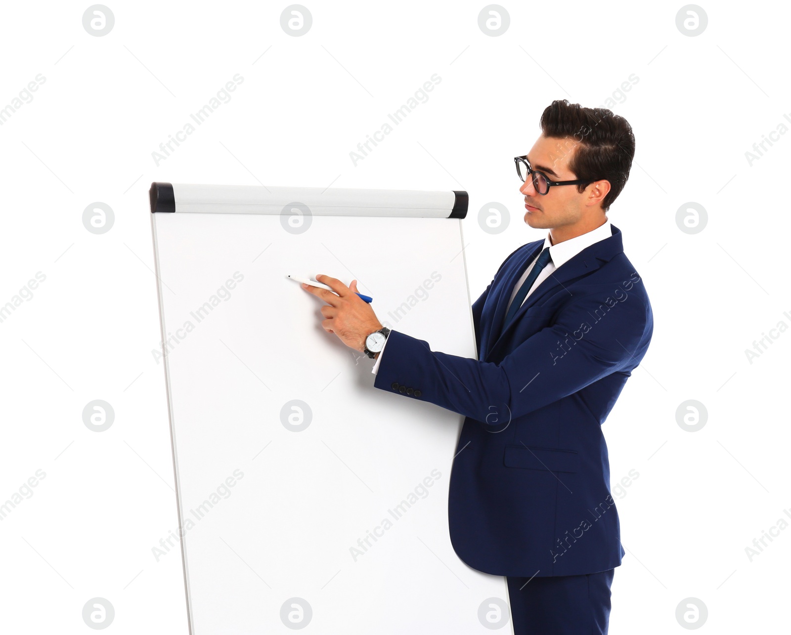 Photo of Professional business trainer near flip chart on white background