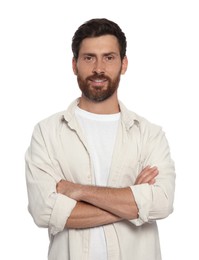 Portrait of handsome bearded man on white background