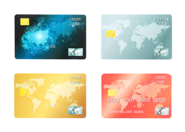Image of Set of modern credit cards on white background