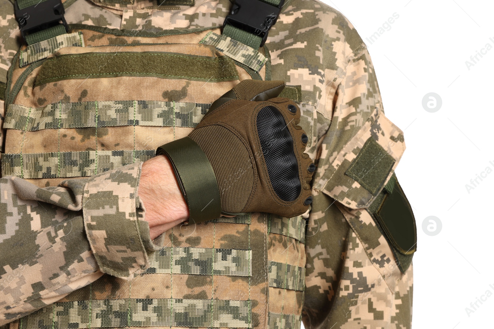 Photo of Ukrainian soldier in military uniform on white background, closeup