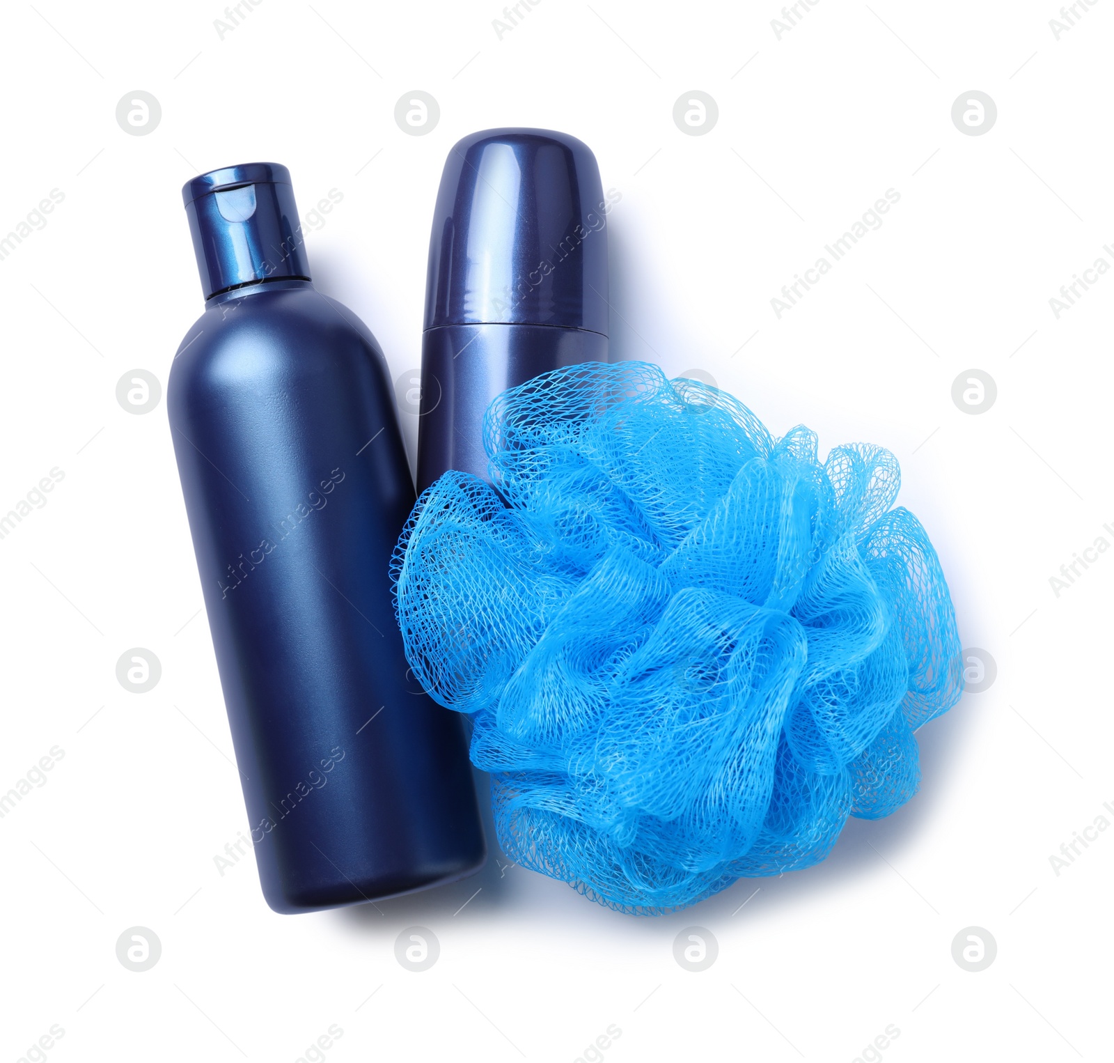 Photo of Shampoo, roller deodorant and bast wisp isolated on white, top view. Men's cosmetics