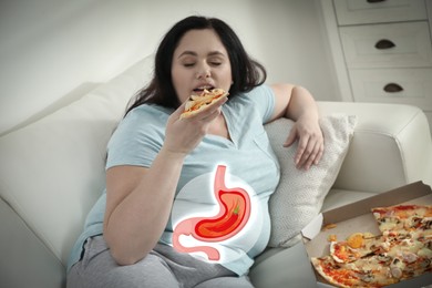 Image of Improper nutrition can lead to heartburn or other gastrointestinal problems. Woman eating pizza at home. Illustration of stomach with hot chili pepper as acid indigestion