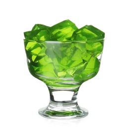 Dessert bowl with green jelly on white background