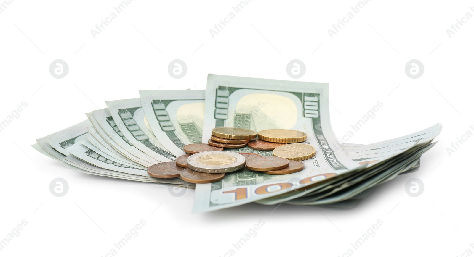 Photo of Dollar bills and coins isolated on white