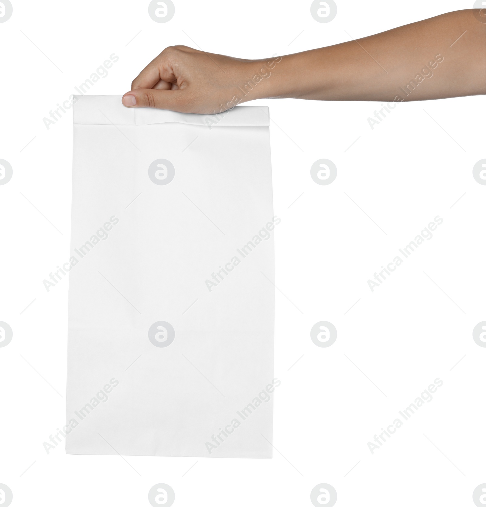 Photo of Woman holding paper bag on white background, closeup