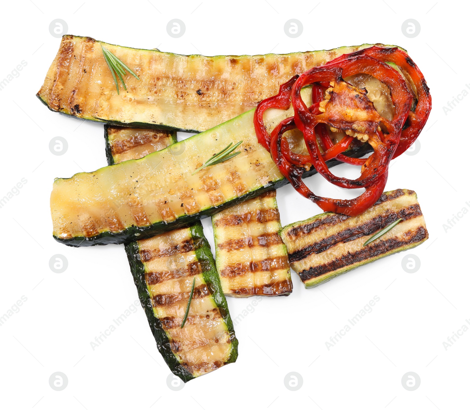 Photo of Delicious grilled zucchini, pepper and rosemary isolated on white, top view