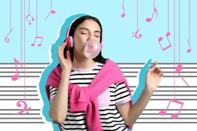 Image of Young woman with headphones blowing bubblegum on colorful background. Bright stylish design