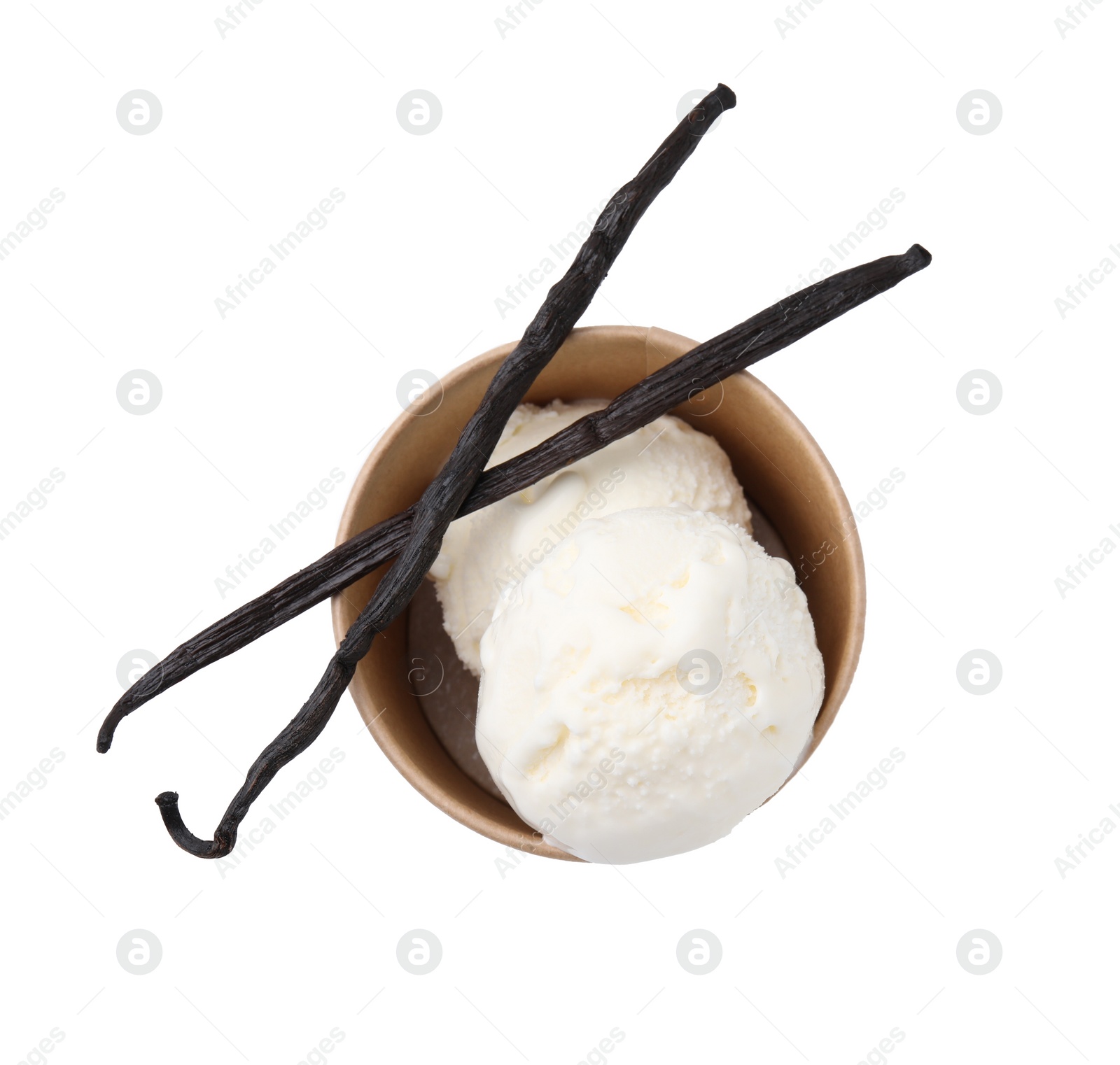 Photo of Delicious ice cream with vanilla pods in paper cup isolated on white, top view