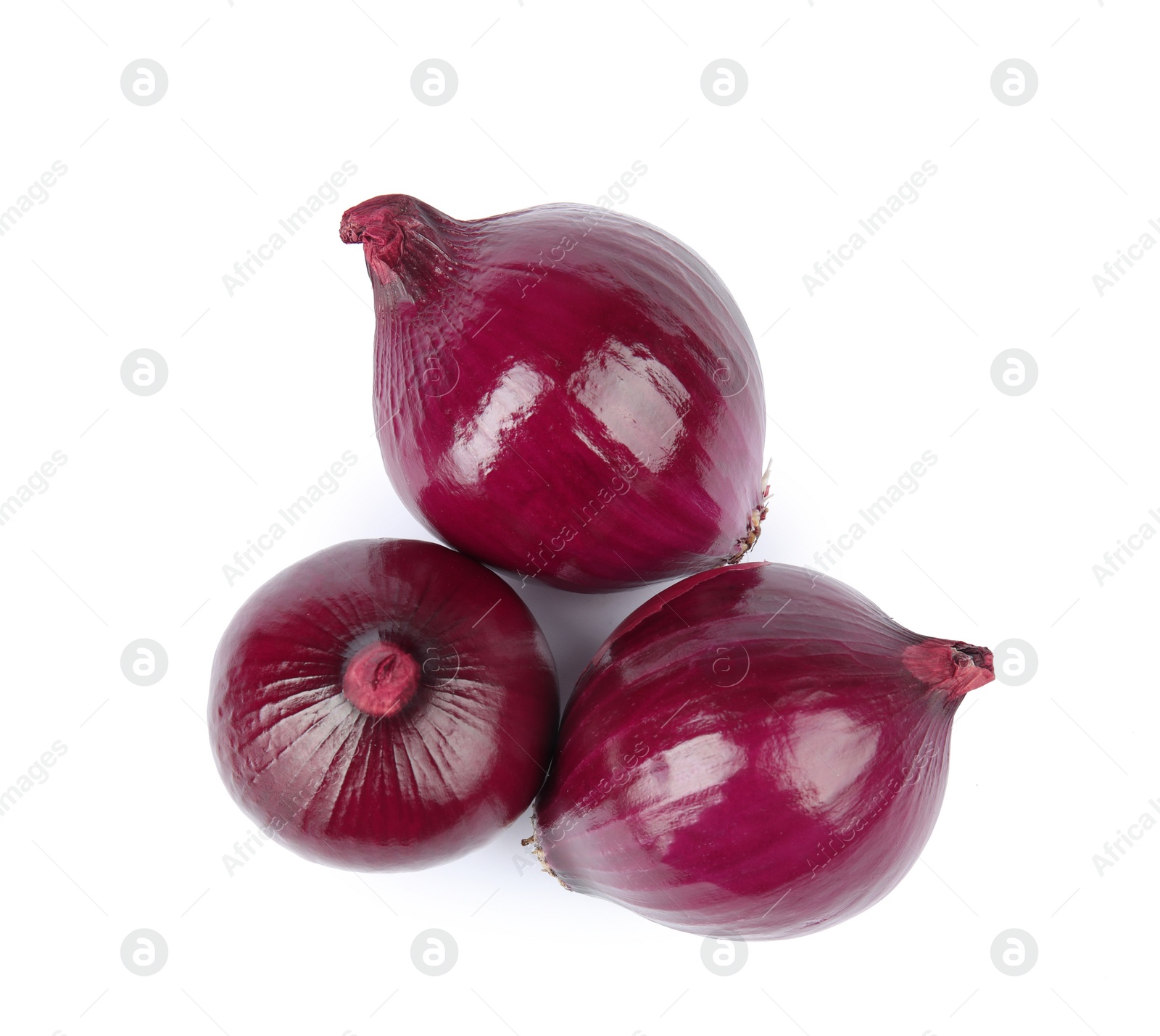 Photo of Fresh whole red onions on white background, top view