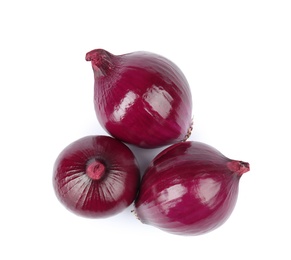 Photo of Fresh whole red onions on white background, top view