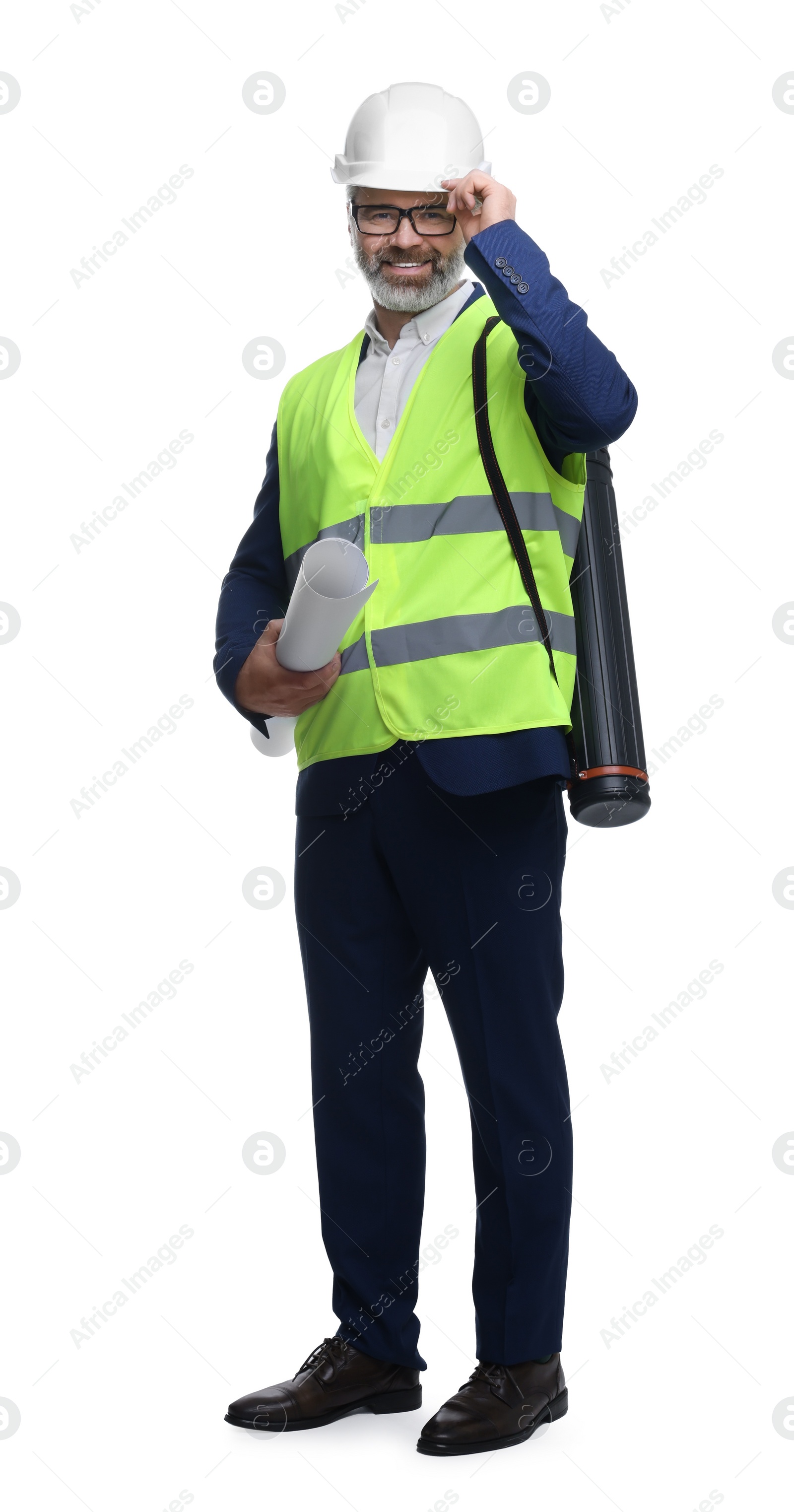 Photo of Architect in hard hat holding draft on white background