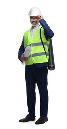 Architect in hard hat holding draft on white background