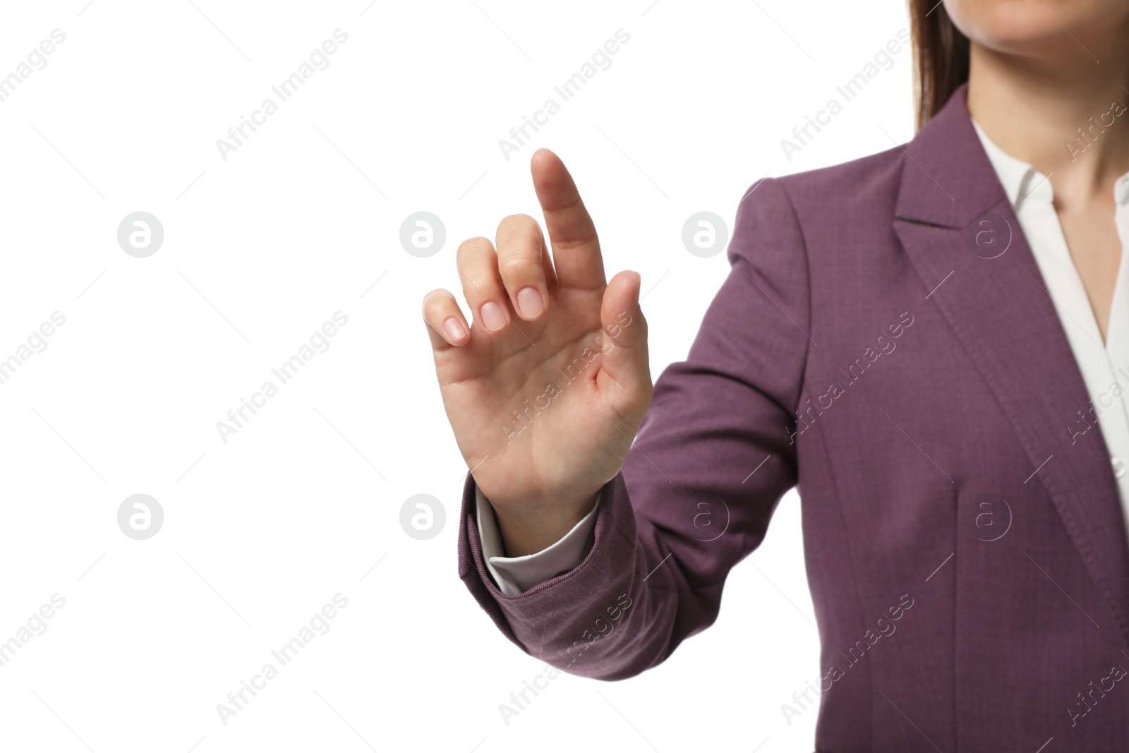 Photo of Businesswoman touching something on white background, closeup