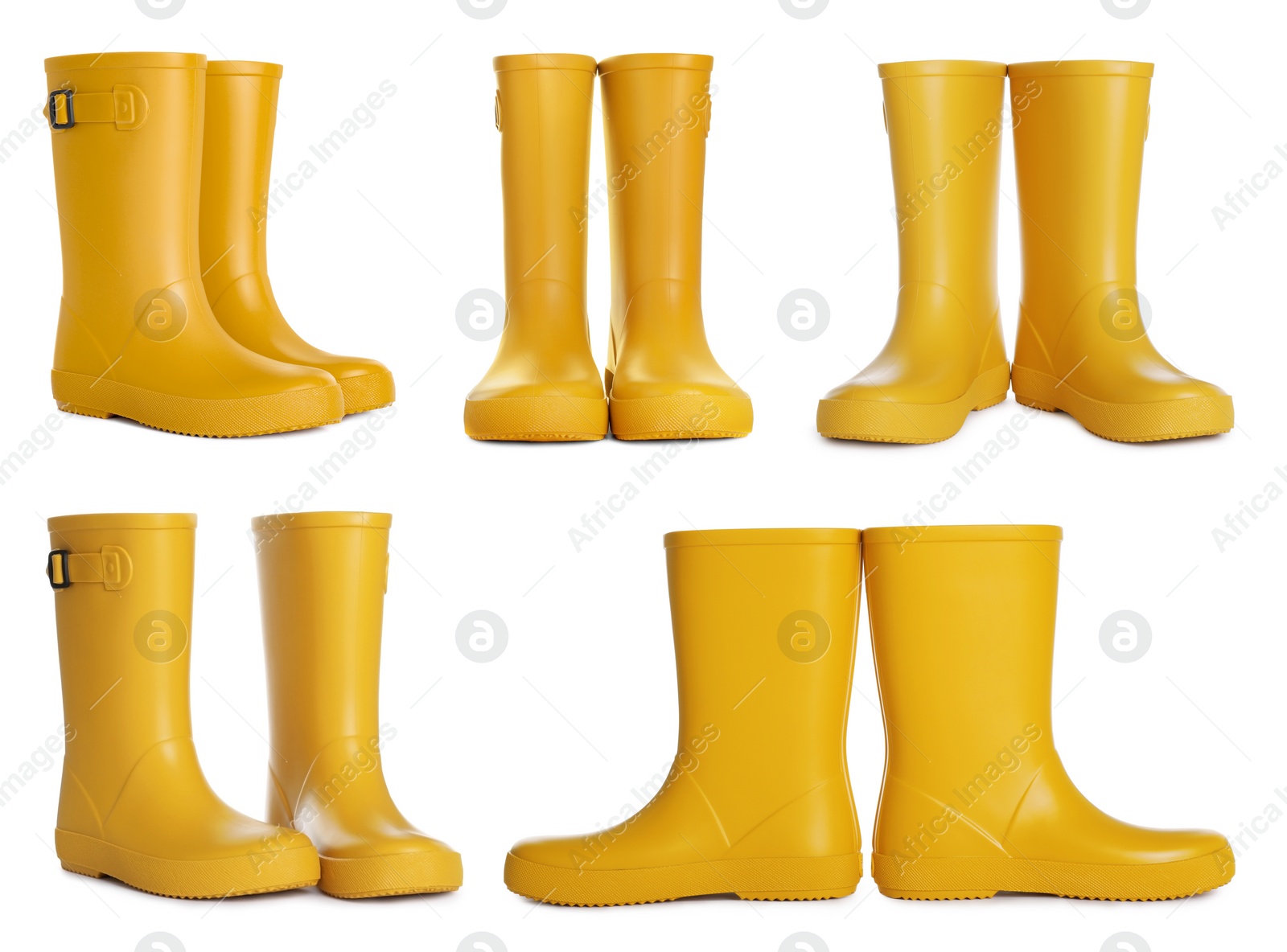 Image of Set with yellow rubber boots on white background 