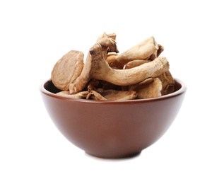 Photo of Bowl of dried mushrooms isolated on white