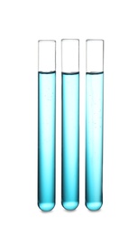 Photo of Test tubes with blue liquid isolated on white. Laboratory analysis